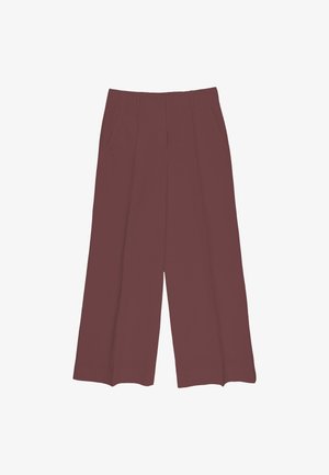 Pantalon taille haute, jambes larges, couleur bordeaux avec poches latérales et passants de ceinture, présenté sur fond blanc.