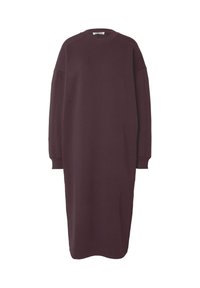 Overgroot lang sleeve jurk in diep bordeaux, gemaakt van zachte stof, heeft een ronde hals en ribgebreide manchetten voor een ontspannen pasvorm.