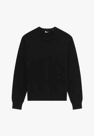 Maglione a maniche lunghe nero con scollo rotondo, polsini e orlo ribattuti, piccolo logo ricamato vicino all'orlo inferiore e etichetta del marchio all'interno del colletto.