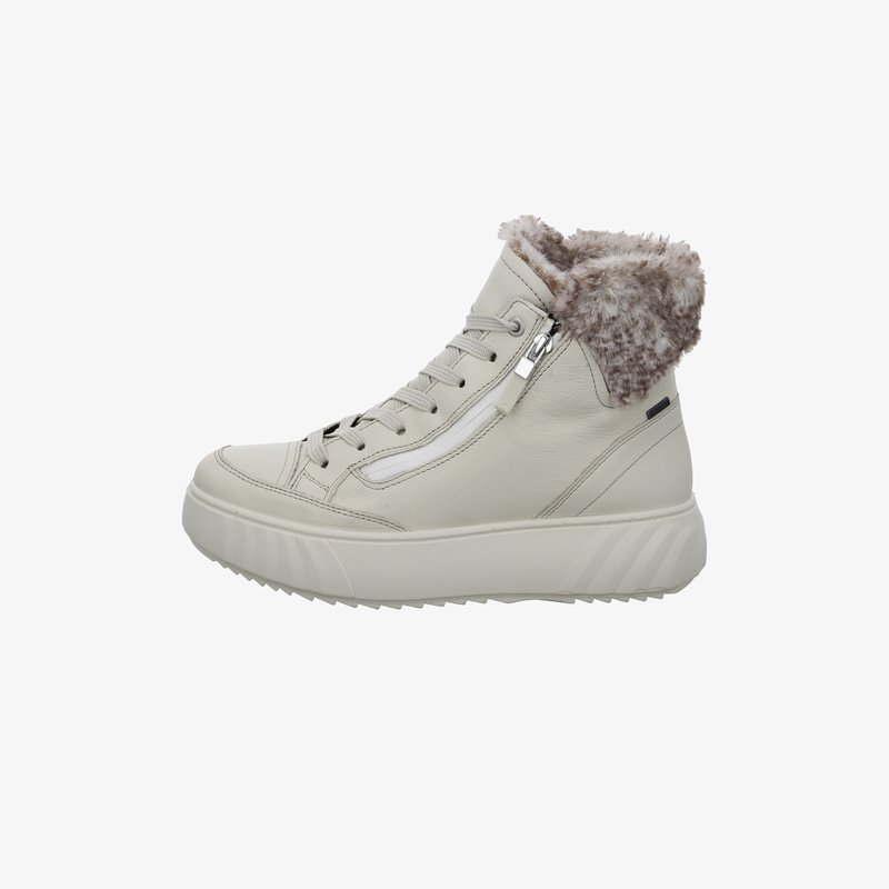 Baskets montantes blanc cassé avec doublure en fourrure autour du col, lacets à l'avant, fermeture éclair latérale et semelle épaisse texturée.