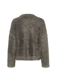 Maglione grigio morbido con design accorciato, maniche larghe e finitura testurizzata, dotato di un collo alto e di un tessuto soffice e peloso.