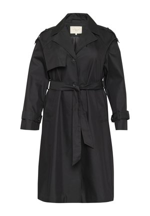 Manteau noir en tissu lisse, avec une taille ceinturée, un système de fermeture à boutons, des épaulettes et des sangles aux poignets.