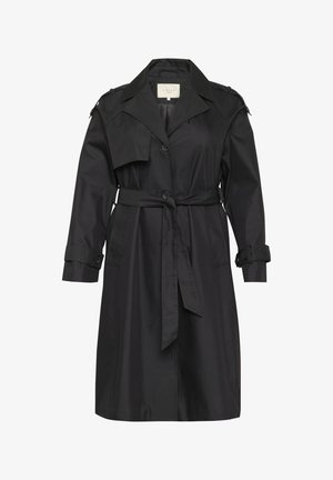 Schwarzer Trenchcoat aus glattem Stoff, mit tailliertem Gürtel, Knopfverschluss, Schulterklappen und Ärmelriemen.