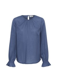 Sinine tekstuuriga blousee pikkade varrukatega, ümar kaelus ja uksekujuline detail seljas. Omab volditud aksente varrukaotstes ja lõdva istuvusega.