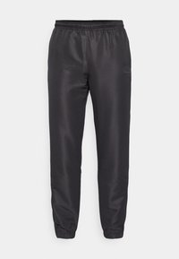 Black satin track pants with elastic waistband and cuffs. Features a tonal logo on the left thigh. Lightweight and smooth texture.