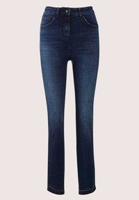 Denim jeans in een diepblauwe kleur, met een aansluitende taille, recht model, vijf zakken en subtiele stiksels.