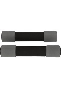 Ett par hantlar med svarta skumhandtag och grå gummipunkter. Cylindrisk form, strukturerad yta, utformade för viktträning.