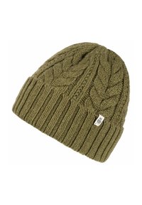 Olive green knitted beanie hat featuring a ribbed cuff and a cable knit pattern, made from soft, textured wool blend material.
