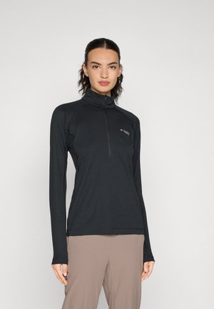 Svart zip-up langermet topp med høy krage, laget av fukttransporterende stoff, med en slank passform og logodetalj på brystet.