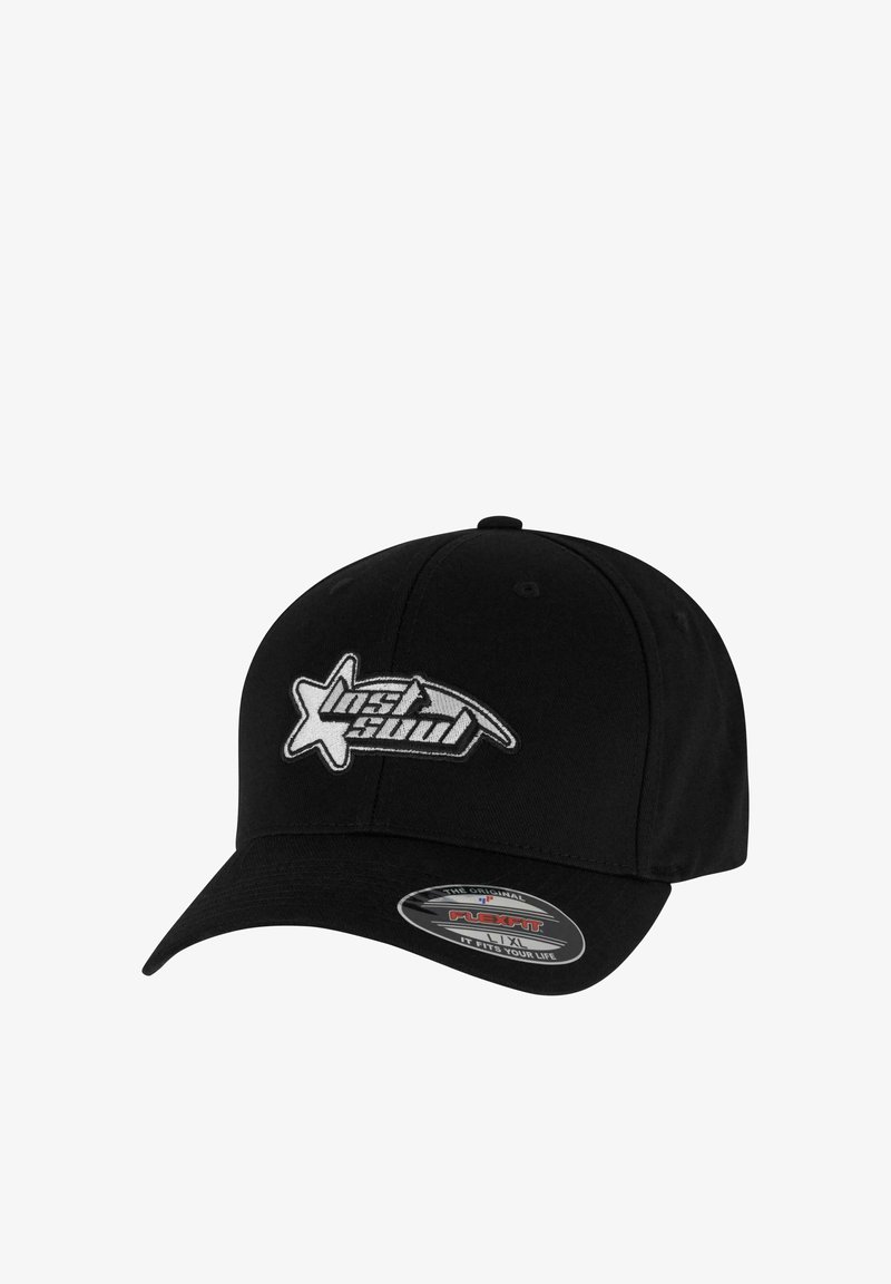 Casquette noire à visière courbée, ornée d'un logo brodé en blanc. Fabriquée en tissu avec une texture lisse, conçue pour un style ajusté.