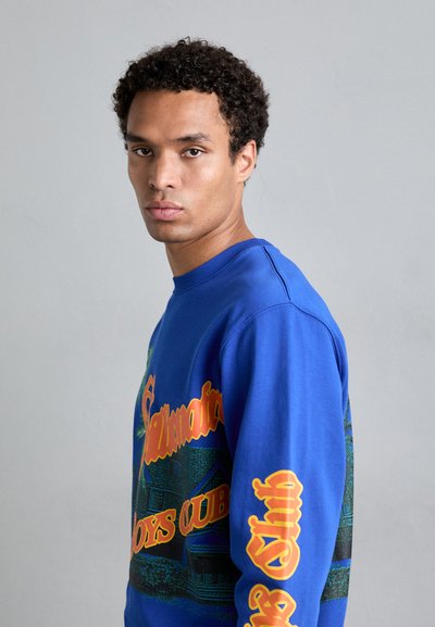 Blå hettegenser med grafiske trykk i oransje og grønt. Designet inkluderer teksten "Salamander Boys Club" på ermene og foran. Tekstureret stoff.