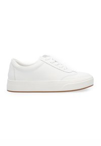 Weiße Leder-Sneaker mit runder Zehenpartie, flachem Schnürdesign, gepolstertem Kragen und Gummisohle. Glatte Oberfläche mit minimaler Naht.
