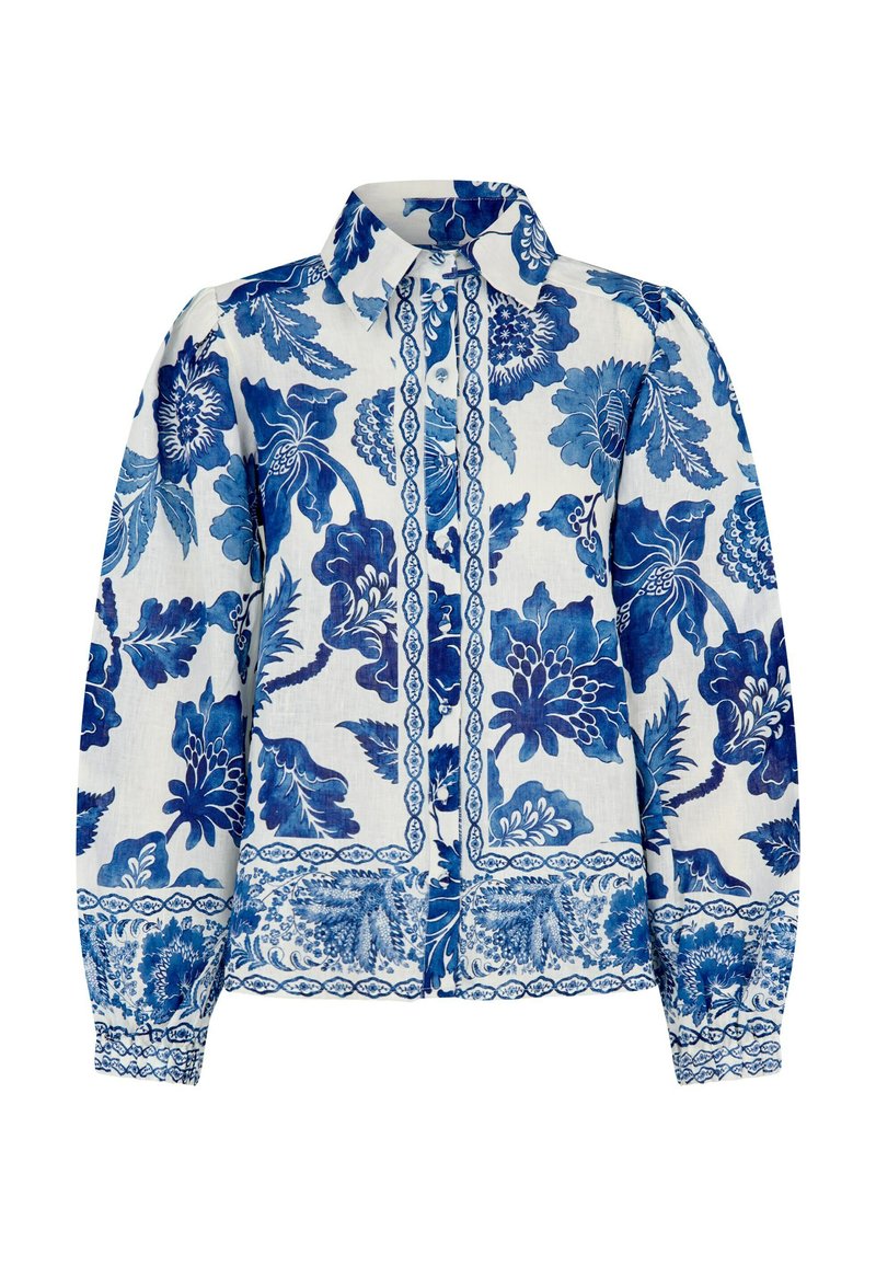 Zila un balta ziedu raksta krekls ar garām piedurknēm, pogājams dizains, teksturēts audums, sarežģīti ziedu raksti un apmales visā krekla virsmā.