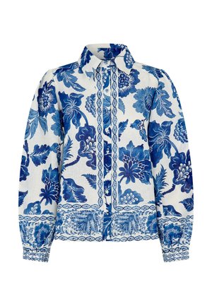Blauw-wit bloemenhemd, lange mouwen, knoopsluiting, textuurstof, ingewikkelde bloemenpatronen en randen over het hele kledingstuk.