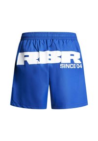 Shorts blu con elastico in vita e grande scritta bianca "RIBBR SINCE 04" sulla parte anteriore della fascia in vita.