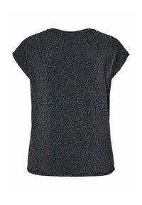 Sort kortærmet top med metalliske sølvstriber, rund halsudskæring og blødt, struktureret stof. Afslappet pasform og enkelt design.