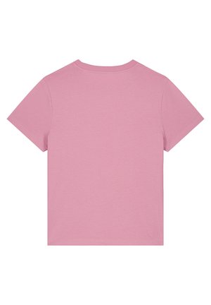 T-shirt en coton rose à manches courtes, col rond et texture douce. Présente un dos uni sans logos ni motifs.