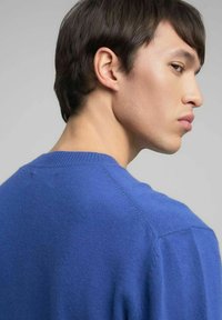 Maglione blu lavorato a maglia con scollo rotondo e orlo a coste. Presenta una texture liscia e una forma aderente, mostrando la vista posteriore del capo.