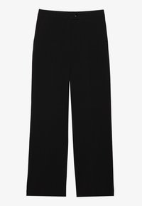 Pantalon noir à jambes larges en tissu lisse. Il comprend une taille classique avec une fermeture avant par bouton et deux poches latérales.