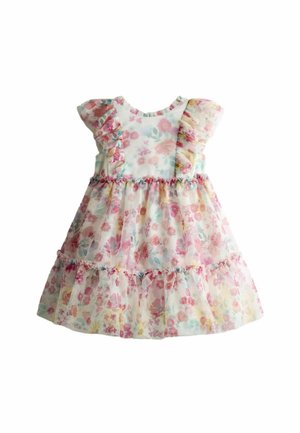 Rochiță albă pentru copil mic cu imprimeu floral roz, galben și albastru, mâneci scurte cu volane și straturi de fustă în trepte.