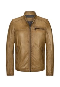 Tan leather jacket with a stand collar, front zip closure, and zippered chest and side pockets. Smooth texture and tailored fit.