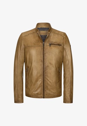 Braune Lederjacke mit Stehkragen, frontalem Reißverschluss und Reißverschlusstaschen auf der Brust und an den Seiten. Glatte Textur und taillierte Passform.
