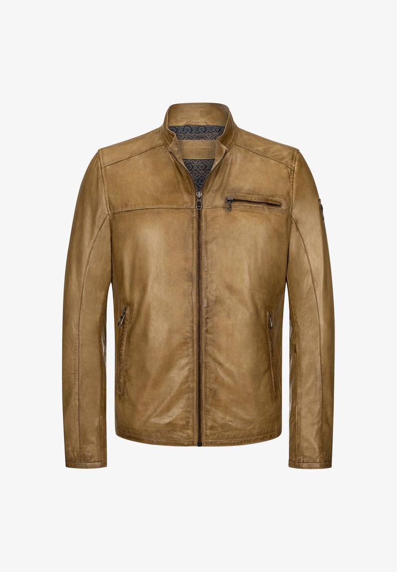 Tan leather jacket with a stand collar, front zip closure, and zippered chest and side pockets. Smooth texture and tailored fit.