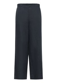 Dunkelblaue weite Hosen mit einem elastischen Bund, aus einem leichten, strukturierten Stoff, mit einem klaren, minimalistischen Design.