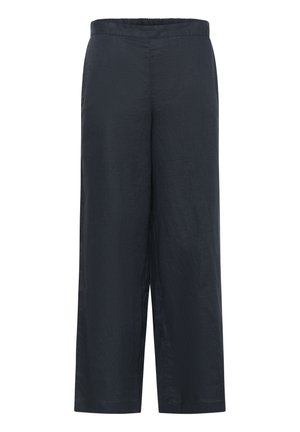 Tmavě modré široké kalhoty s elastickým pasem, vyrobené z lehké, texturované látky, s čistým, minimalistickým designem.