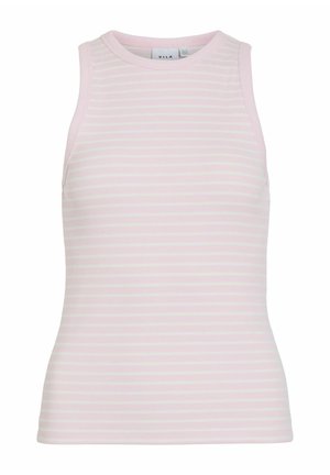 Rankovių megztinis be rankovių su šviesiai rožinėmis ir baltomis horizontaliosiomis juostelėmis, apvalia iškirpte ir prigludusia siluetu.