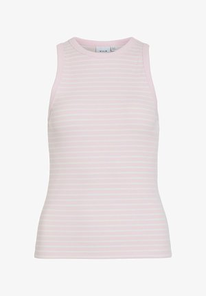 Rankovių megztinis be rankovių su šviesiai rožinėmis ir baltomis horizontaliosiomis juostelėmis, apvalia iškirpte ir prigludusia siluetu.