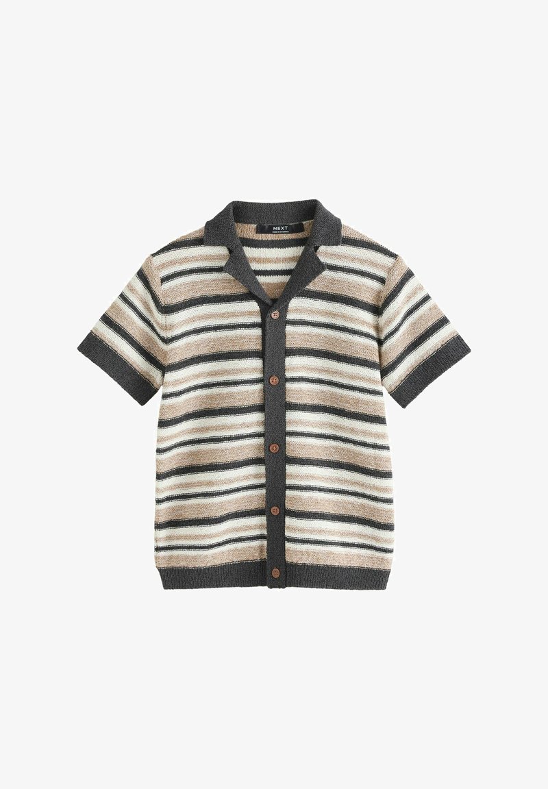 Kortærmet skjorte i beige, creme og sorte striber med en ensfarvet mørk krave og brune knapper ned ad fronten. Blødt, struktureret stof.