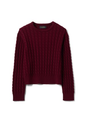 Burgundy cable knit long-sleeve sweater with ribbed cuffs and hem, round neckline, and Piombo brand label inside collar.