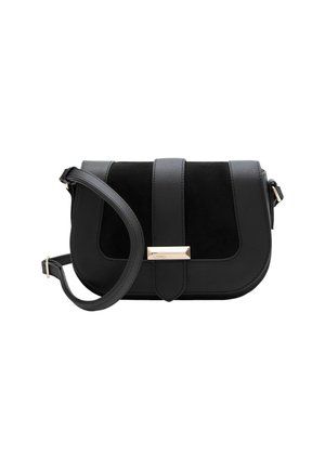 Borsa a tracolla nera con una combinazione di camoscio e pelle testurizzata. Presenta una chiusura in tonalità oro e una tracolla rimovibile. Design compatto e strutturato.