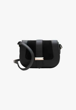 Borsa a tracolla nera con una combinazione di camoscio e pelle testurizzata. Presenta una chiusura in tonalità oro e una tracolla rimovibile. Design compatto e strutturato.