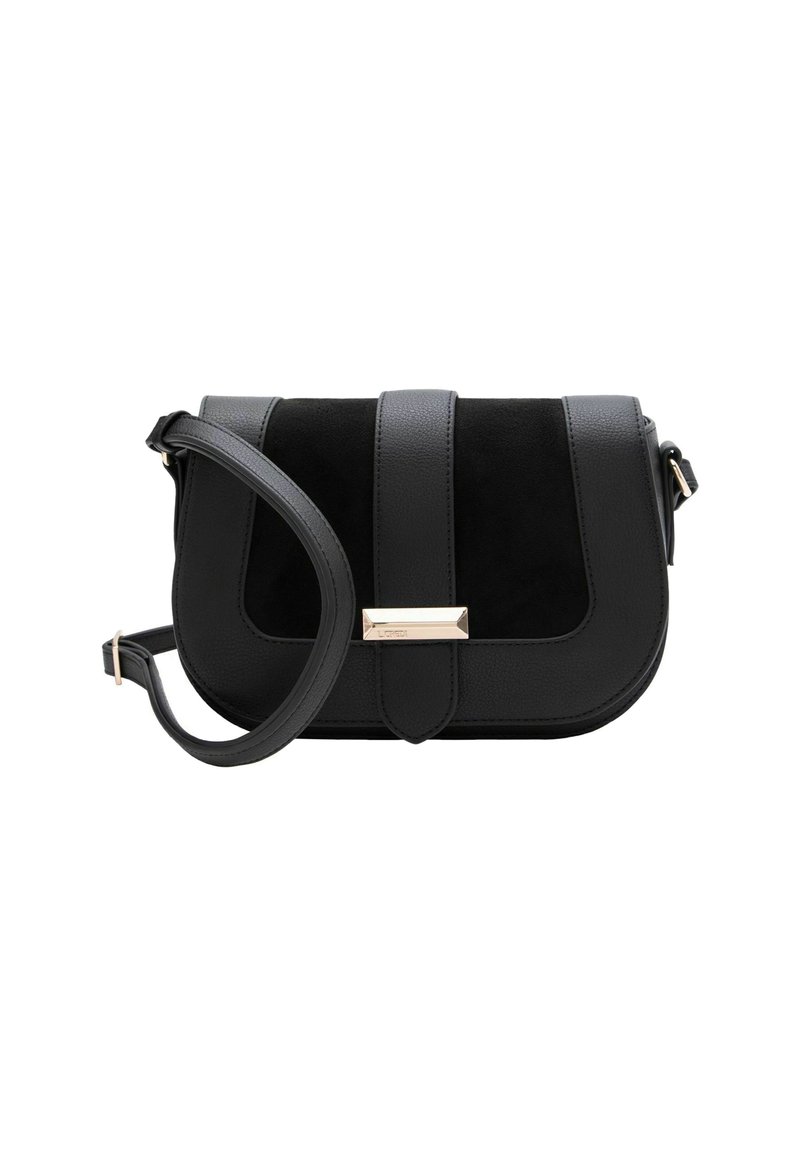 Bolso bandolera negro con una combinación de ante y cuero texturizado. Presenta un cierre en tono dorado y una correa desmontable. Diseño compacto y estructurado.