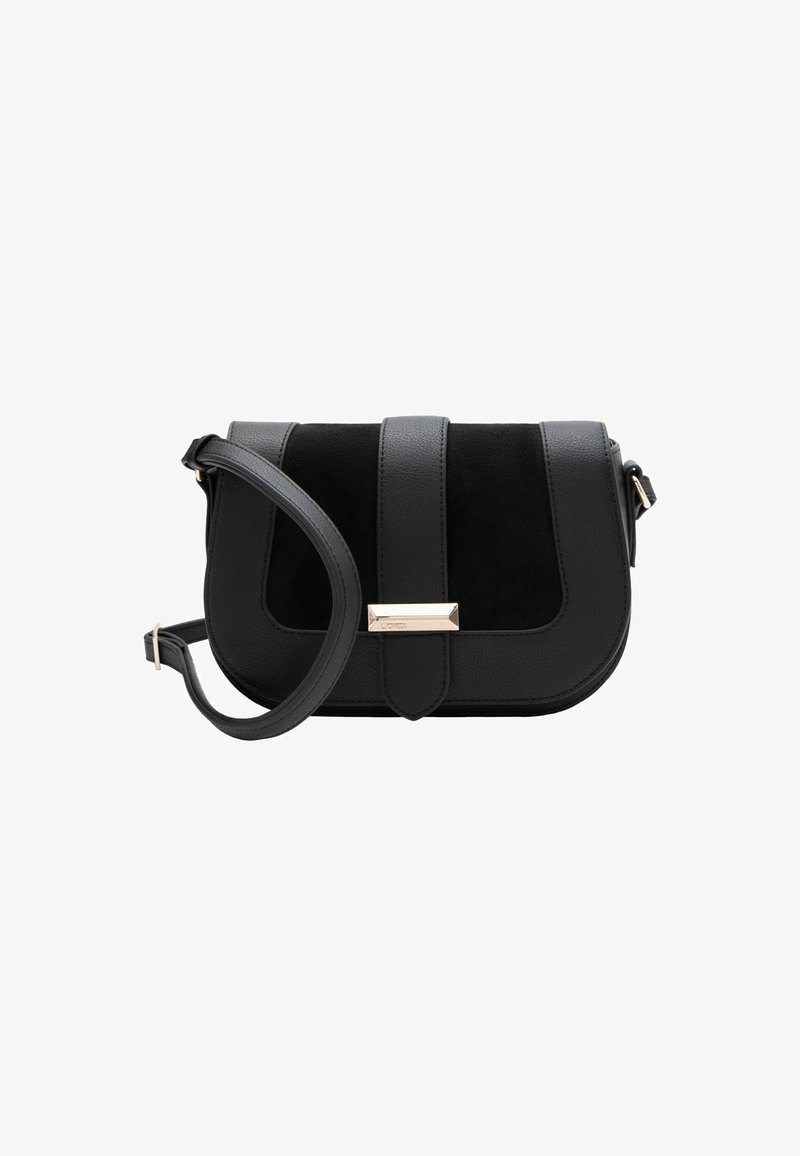 Bolso bandolera negro con una combinación de ante y cuero texturizado. Presenta un cierre en tono dorado y una correa desmontable. Diseño compacto y estructurado.