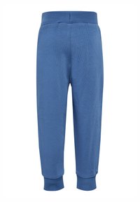 Blå bomullsjoggers med ribbad midja, avsmalnande ben och åtsittande manschetter. Slät yta, inga mönster, lämpliga för avslappnad användning.