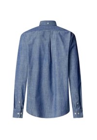 Lichtblauwe denim blouse met lange mouwen, een button-down kraag, een rugplooi en knoopmanchetten. Zachte textuur, rechte snit en geen patronen.