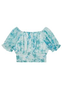 Vállnélküli, puffos ujjú crop top áttetsző világoskék anyagból, pálmafa és virágmintákkal, rugalmas smockolt derékrész.
