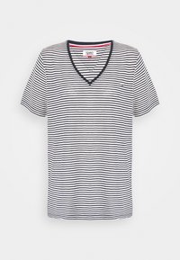 Triko s krátkým rukávem a V výstřihem s námořnickými a bílými horizontálními pruhy a malým logem na hrudi s označením Tommy Jeans.