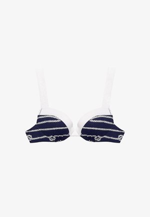 Bra with a navy and white striped design featuring rope patterns, padded cups, and adjustable mesh straps.