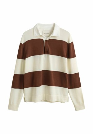 Rugbyshirt met lange mouwen met brede horizontale strepen in bruin en crème, open kraag en geribbelde manchetten.