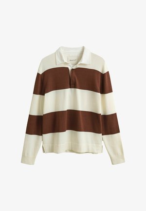 Rugby tričko s dlouhým rukávem, široké vodorovné pruhy v hnědé a krémové barvě, otevřený límec a ribované manžety.
