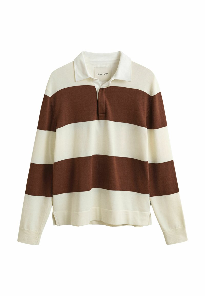 Langarm-Rugbyshirt mit breiten horizontalen braunen und cremefarbenen Streifen, offenem Kragen und gerippten Bündchen.