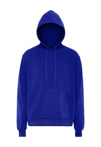 Modrá bavlněná mikina s kapucí, přední kapsou, stahovací šňůrkou a žebrovanými manžetami. Hladká textura, jednoduchý design a standardní střih.