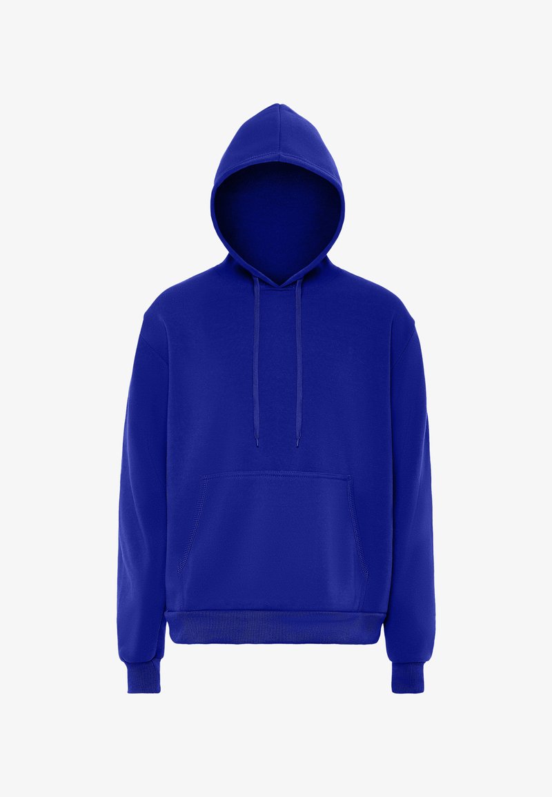 Sudadera de algodón azul con un bolsillo frontal, capucha con cordón y puños acanalados. Textura suave, diseño sin adornos y corte estándar.