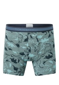 Green boxer shorts featuring a dinosaur pattern in black and light blue. The waistband is dark navy with a subtle brand label.