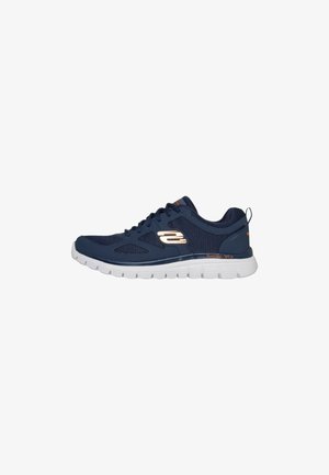 Scarpa da ginnastica atletica blu navy con suola bianca, tomaia in mesh e materiale sintetico, chiusura con lacci e logo del marchio sul lato.