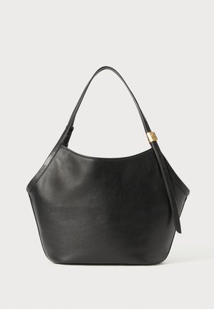 Black leather hobo bag with a structured shape, flexible handle, and a gold-tone accent. Smooth texture with minimalistic design.
